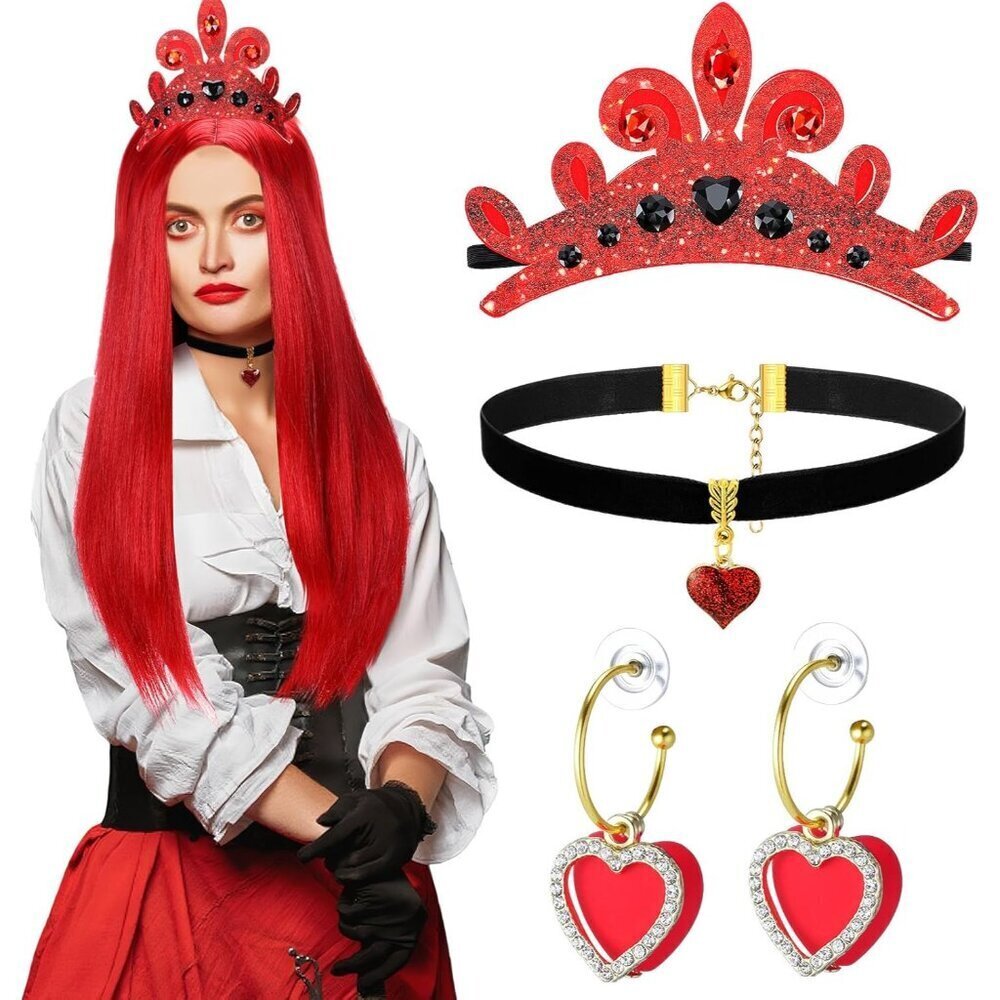 Halloween Queen Costume Set Red Wig Heart Jewelry Crown Cosplay Women